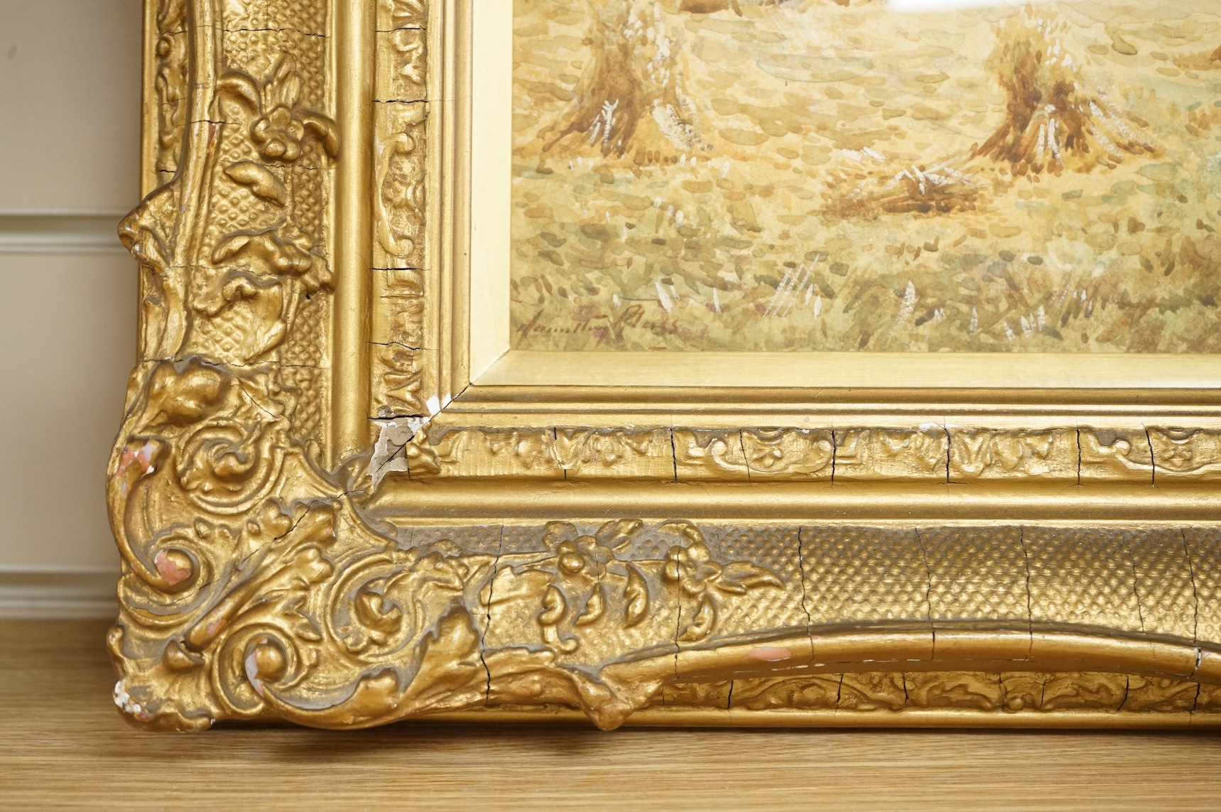 James Hamilton (1820-1855), Landscape with figures haymaking, signed, watercolour, 33 x 48cm, ornate gilt frame